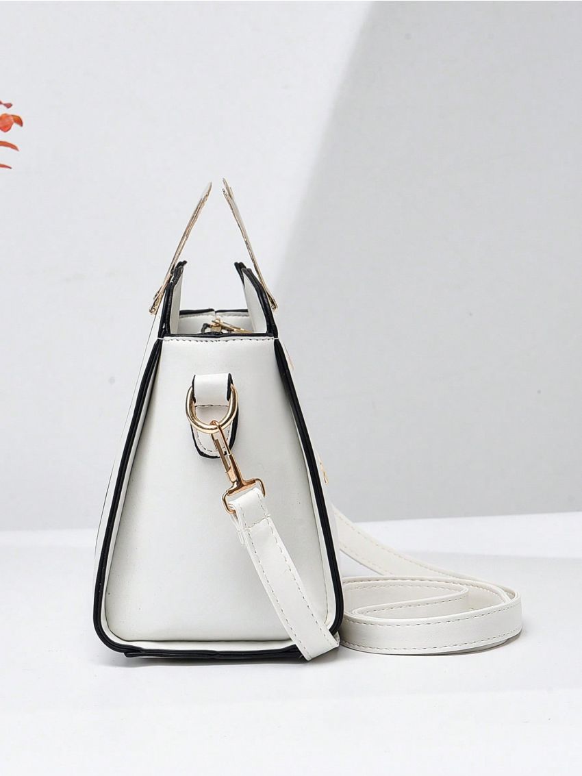 Metal Handle Square Bag Fashion White Contrast Binding