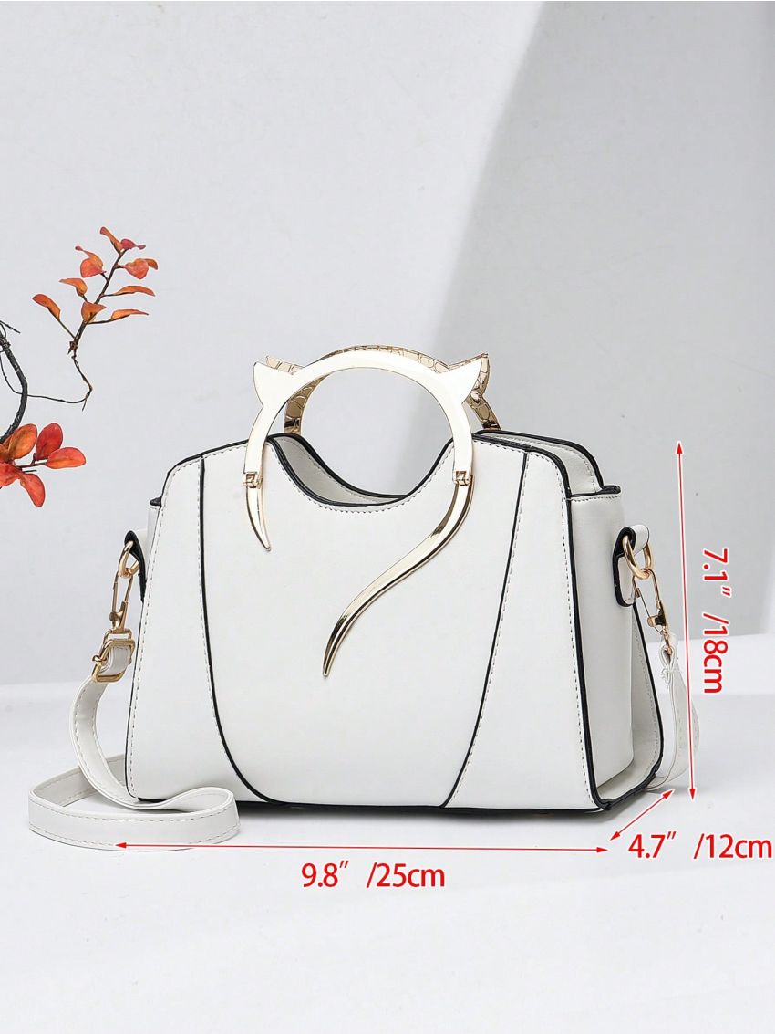 Metal Handle Square Bag Fashion White Contrast Binding