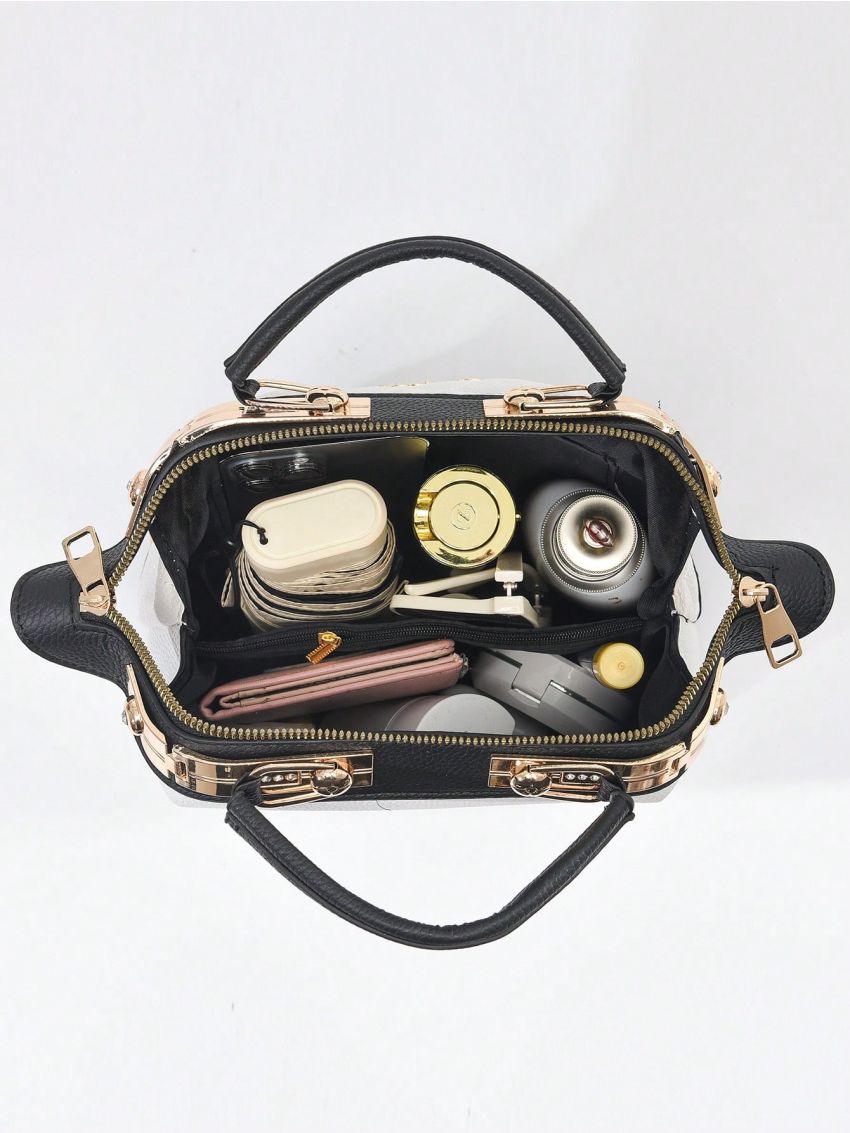 Metal Patch Quilted Pattern Square Bag Fashion With Zipper