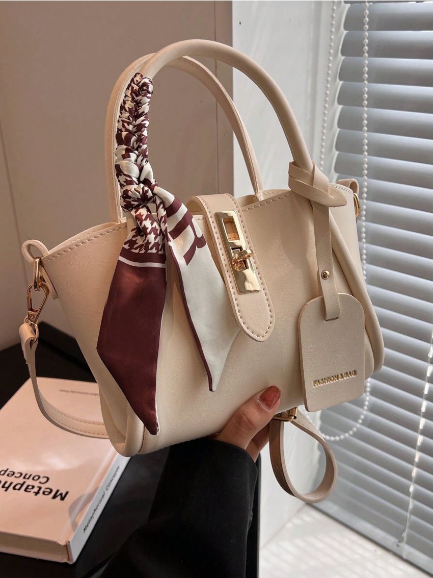 Twist Lock Twilly Scarf Decor Square Bag Fashion Beige