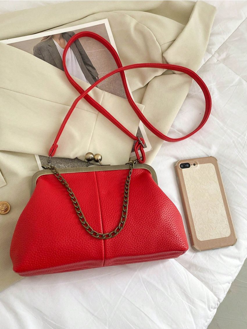 Litchi Embossed Chain Decor Square Bag Fashion Red Kiss Lock