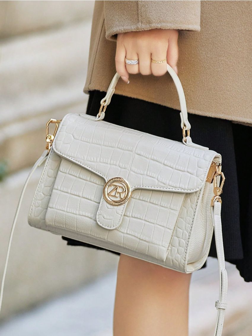 Metal Patch Crocodile Embossed Flap Square Bag Fashion Black