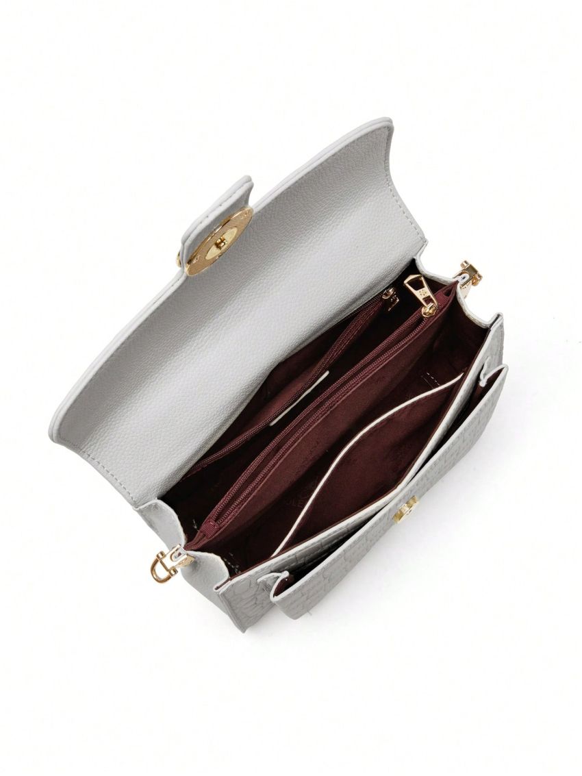 Metal Patch Crocodile Embossed Flap Square Bag Fashion Black