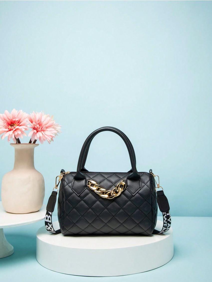 Small Boston Bag Quilted Double Handle Chain Decor