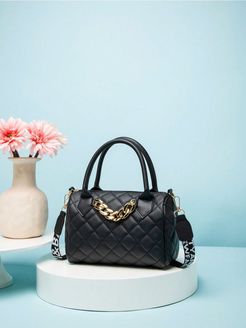 Small Boston Bag Quilted Double Handle Chain Decor