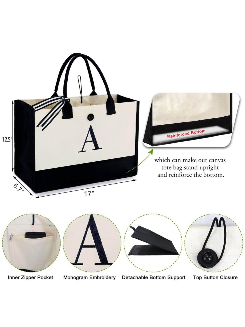 BeeGreen Initial Canvas Tote Bag for Women with Makeup Bag Monogram Gifts Tote Bag Large Beach tote Bag with Inner Zipper Pocket for Teacher Best Friends Bridesmaid (Letter B)
