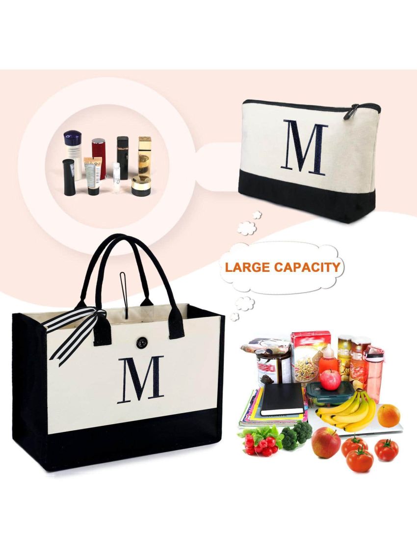 BeeGreen Initial Canvas Tote Bag for Women with Makeup Bag Monogram Gifts Tote Bag Large Beach tote Bag with Inner Zipper Pocket for Teacher Best Friends Bridesmaid (Letter S)