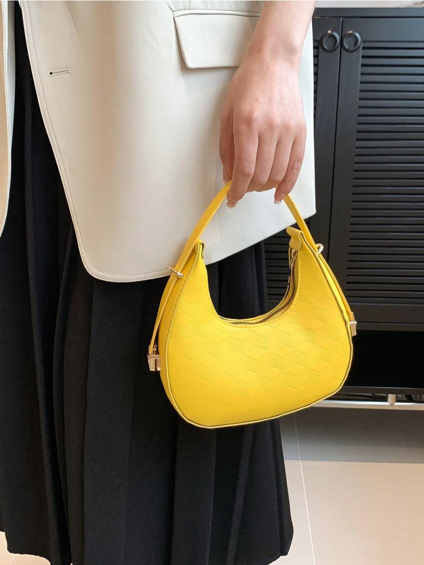 White Geometric Embossed Hobo Bag Minimalist