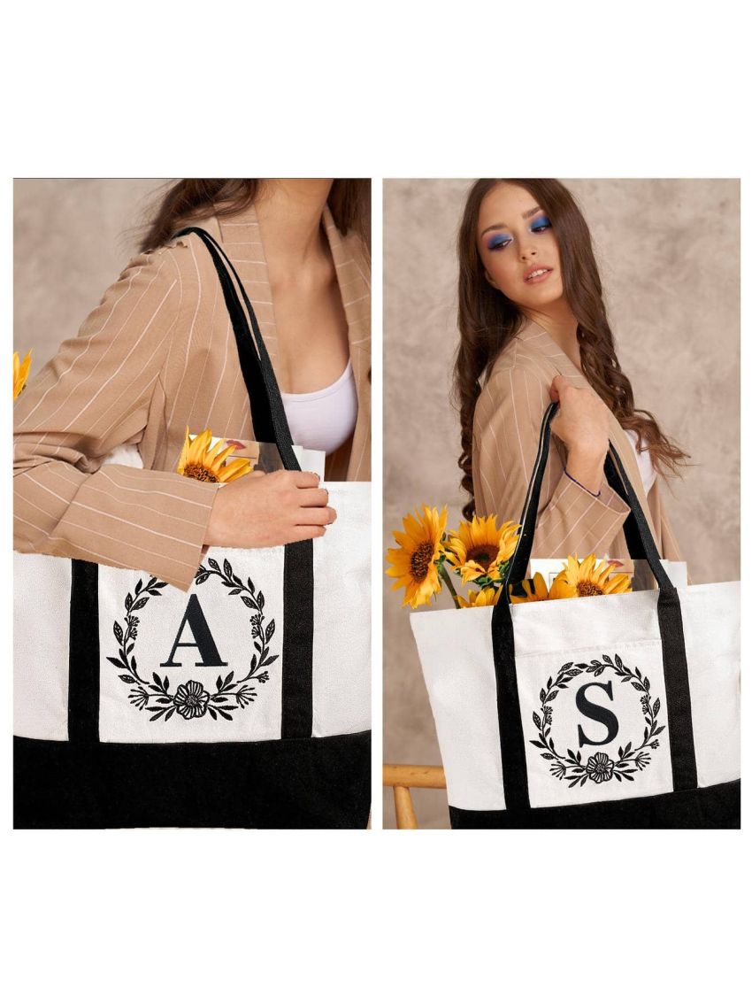 BeeGreen Initial Canvas Tote Bag with Cosmetic Bag Monogram Beach Tote Bag for Women Personalized Gifts for Teacher Mother Friends Birthday Wedding Bridesmaids Gifts with Embroidery (Letter M)