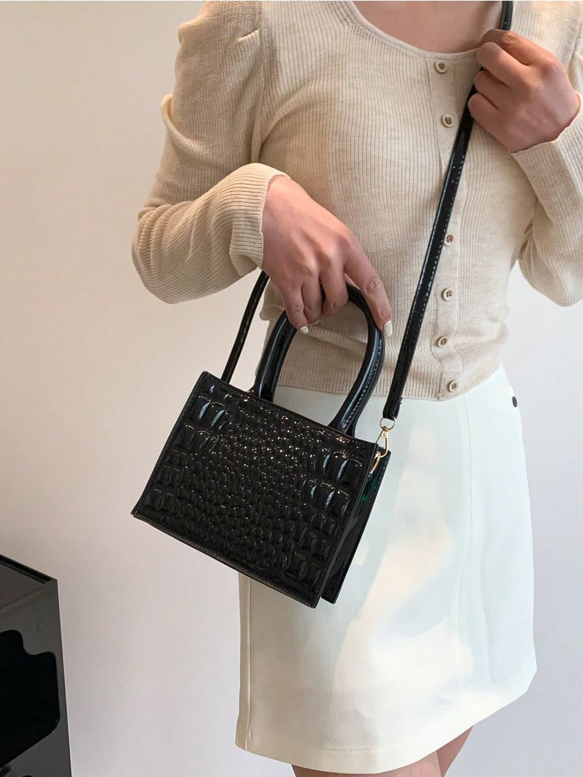 Crocodile Embossed Square Bag Artificial Patent Leather