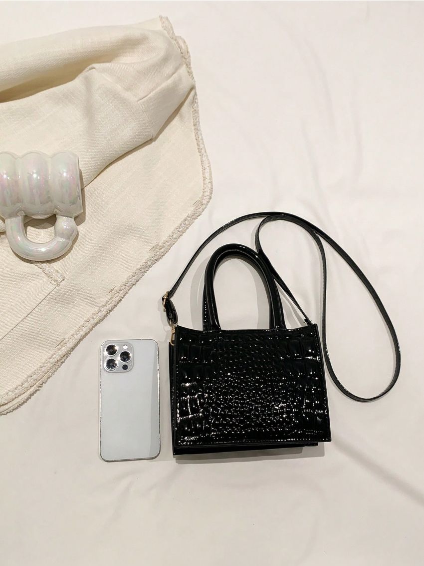 Crocodile Embossed Square Bag Artificial Patent Leather