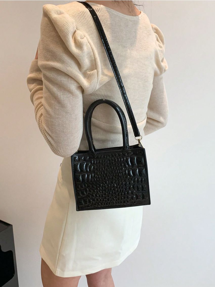 Crocodile Embossed Square Bag Artificial Patent Leather