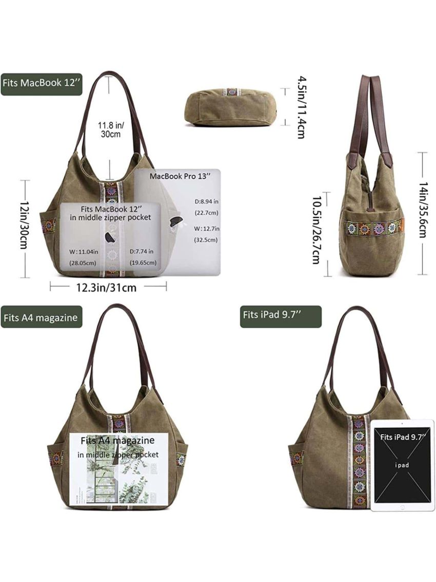 Women Canvas Purse Multi Pocket Tote Shopper Shoulder Bag Casual Top Handle handbag with Embroidery