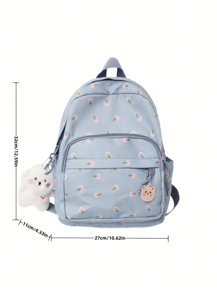 Flower Graphic Classic Backpack Small Zipper With Bag Charm