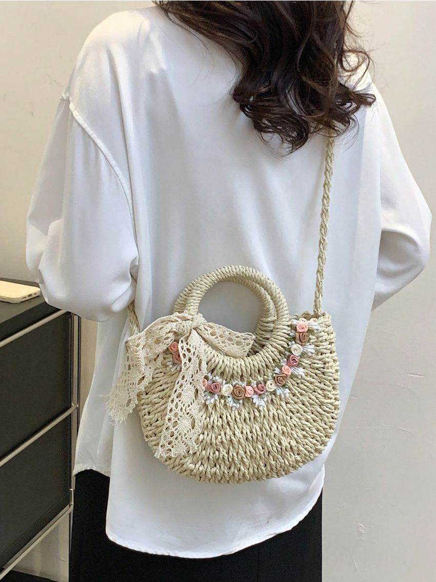 Flower & Twilly Scarf Decor Straw Bag Small Vacation