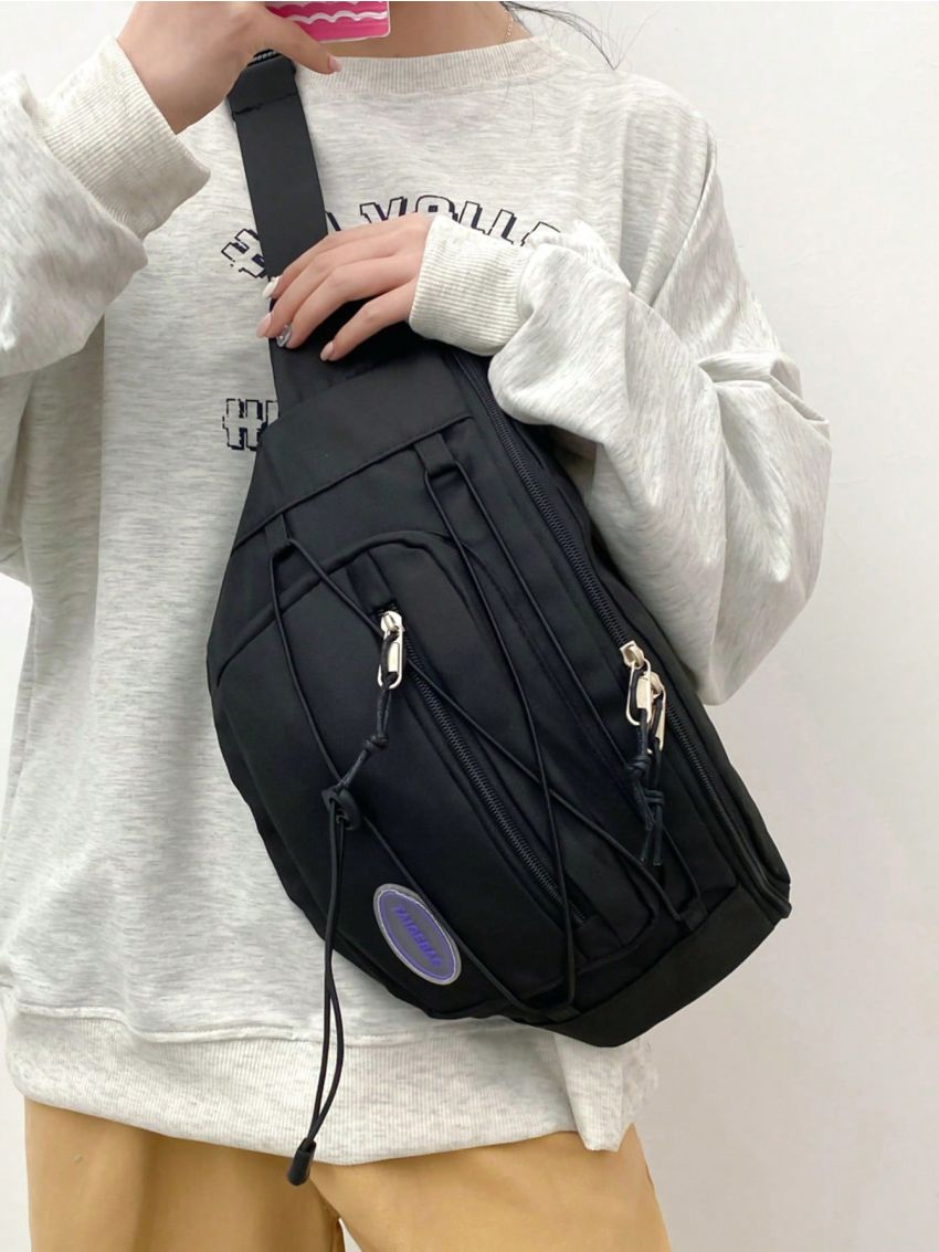 Large Fanny Pack Letter Patch Decor Drawstring Design Zip Front