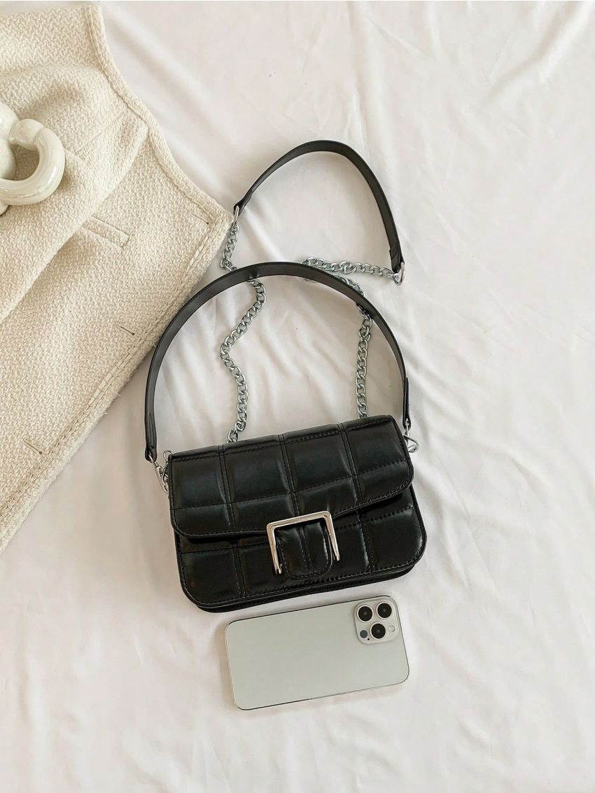 Small Flap Square Bag Quilted Pattern Metal Decor