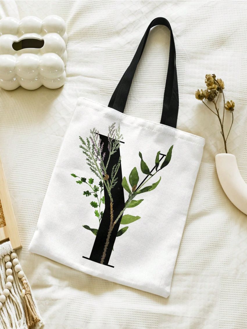 Letter & Plant Graphic Shopper Bag Small Canvas