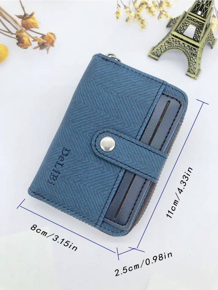 Men Embossed Graphic Card Holder Snap Button Blue