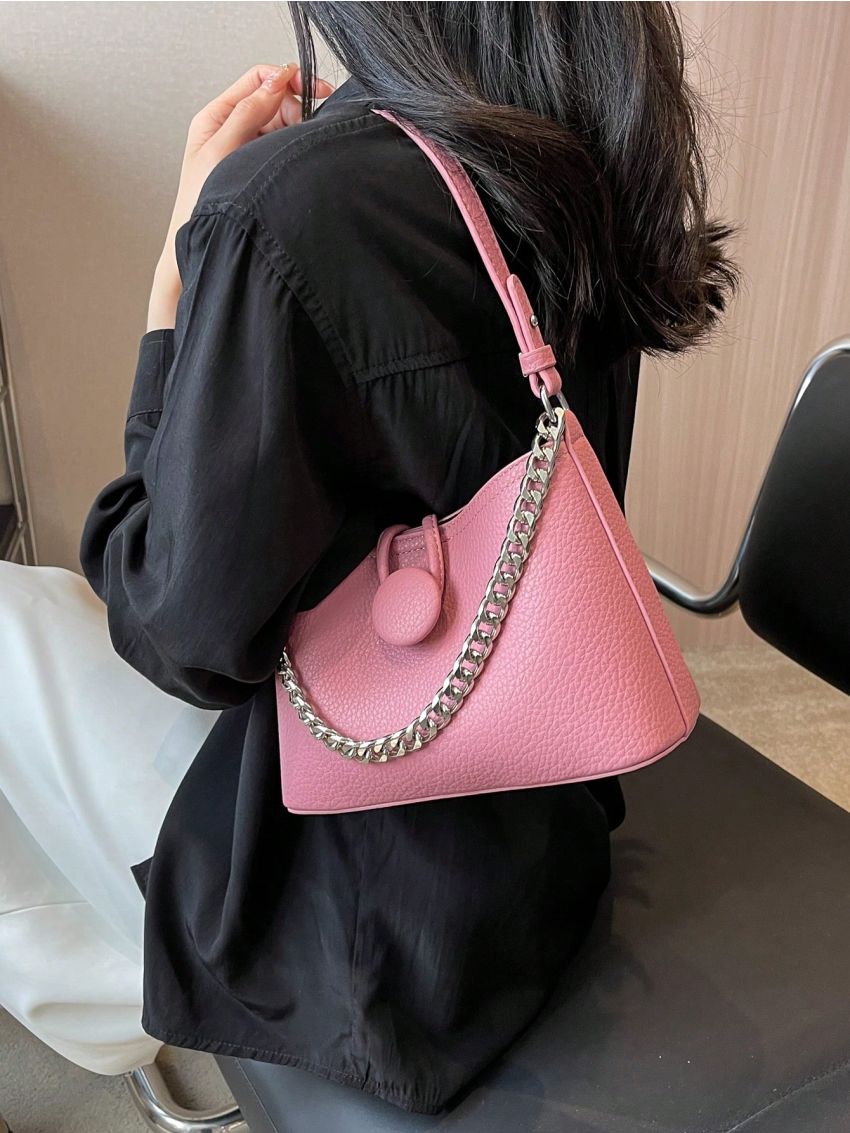 Solid Pink Shoulder Bag Button & Chain Decor