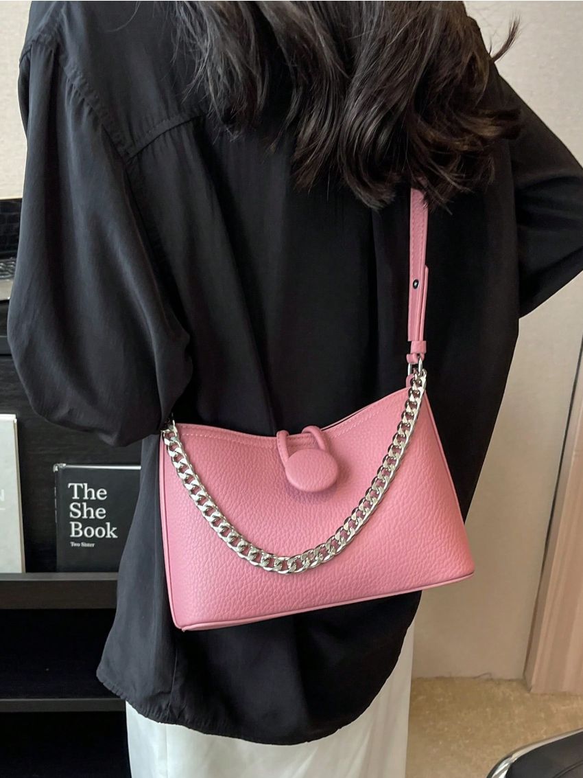 Solid Pink Shoulder Bag Button & Chain Decor