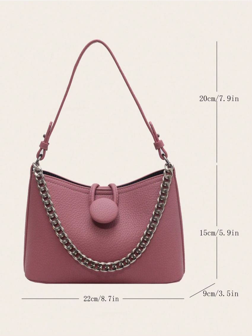 Solid Pink Shoulder Bag Button & Chain Decor