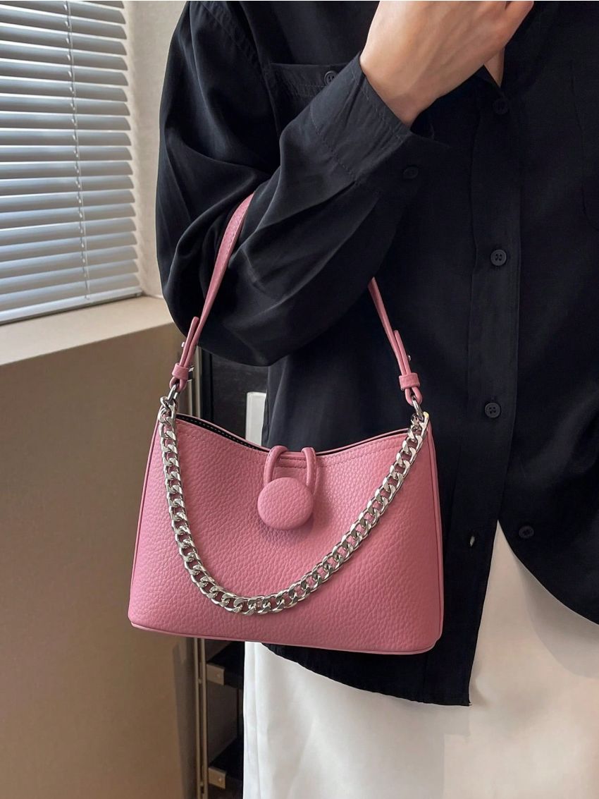 Solid Pink Shoulder Bag Button & Chain Decor