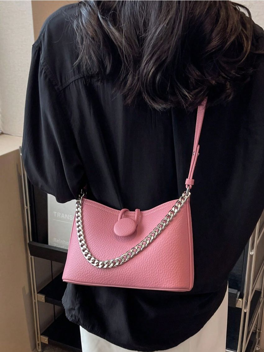 Solid Pink Shoulder Bag Button & Chain Decor