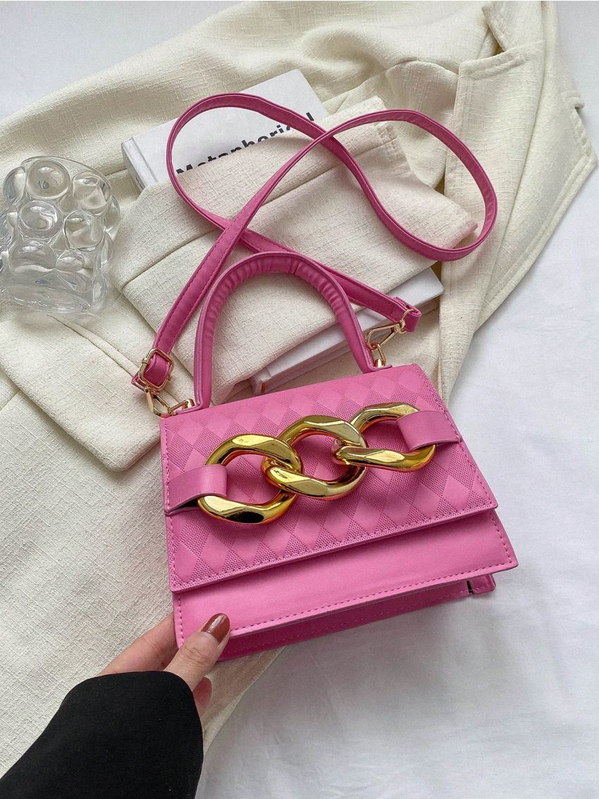 Mini Square Bag Argyle Embossed Top Handle Chain Decor