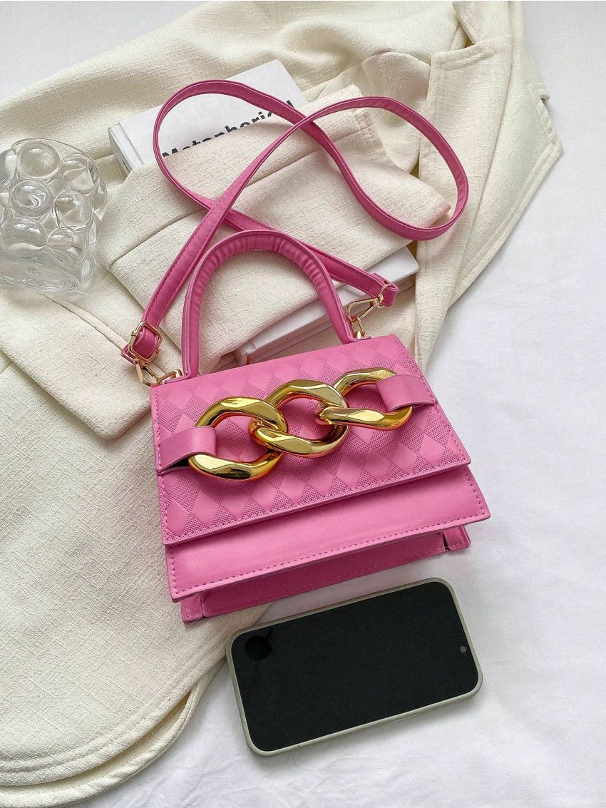 Mini Square Bag Argyle Embossed Top Handle Chain Decor