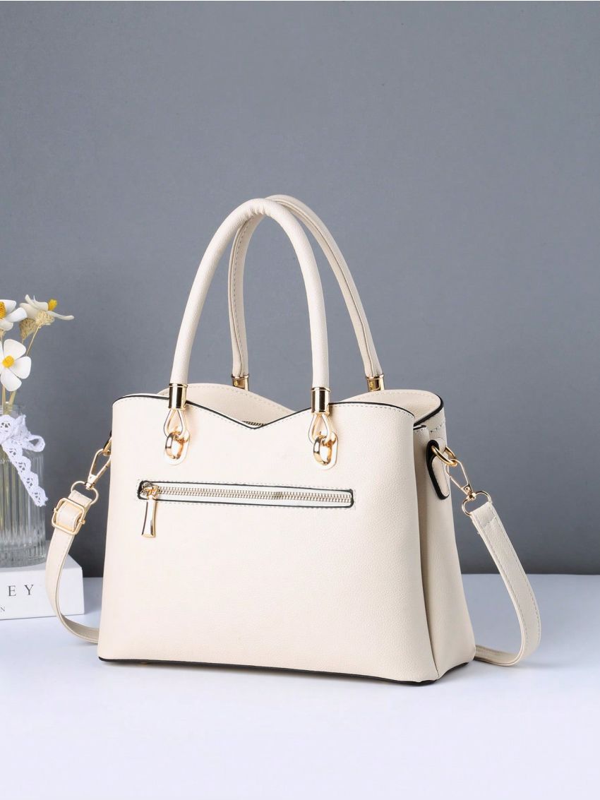 Metal Letter Decor Tote Bag Double Handle With Bag Charm Fashion Style