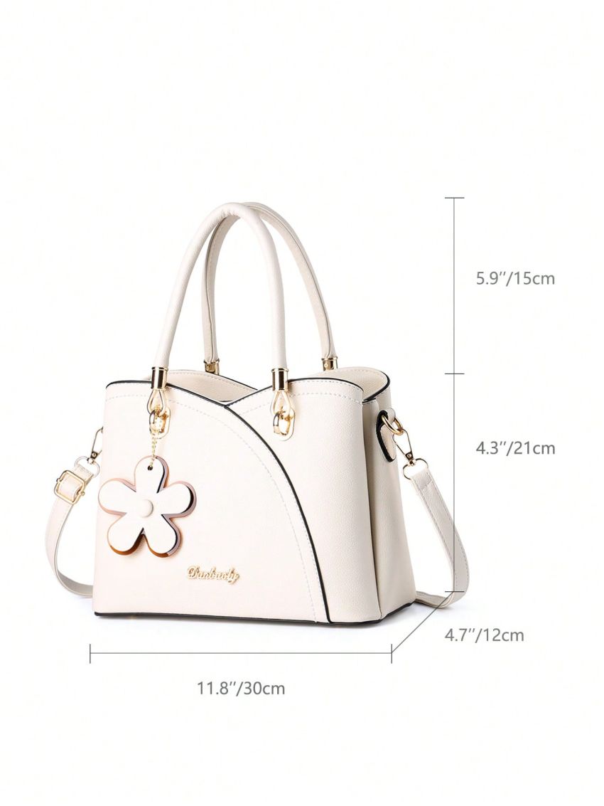 Metal Letter Decor Tote Bag Double Handle With Bag Charm Fashion Style