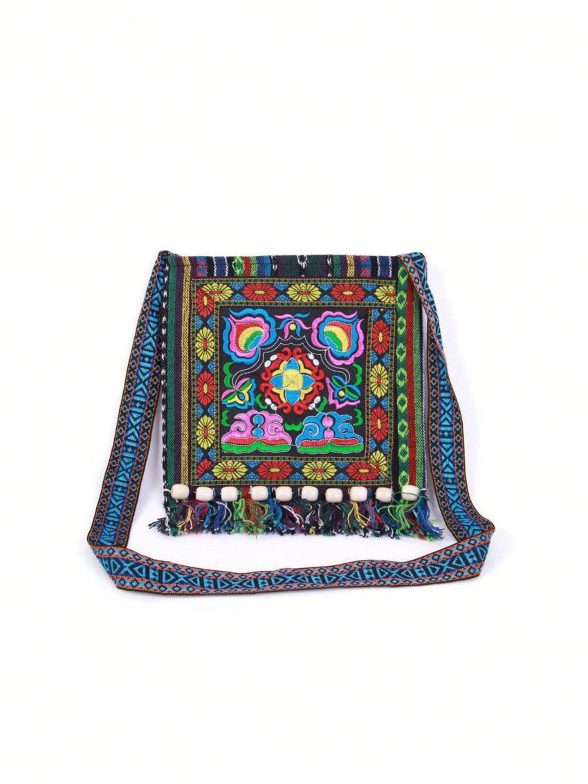 Flower Embroidery Square Bag Colorblock Tassel Decor