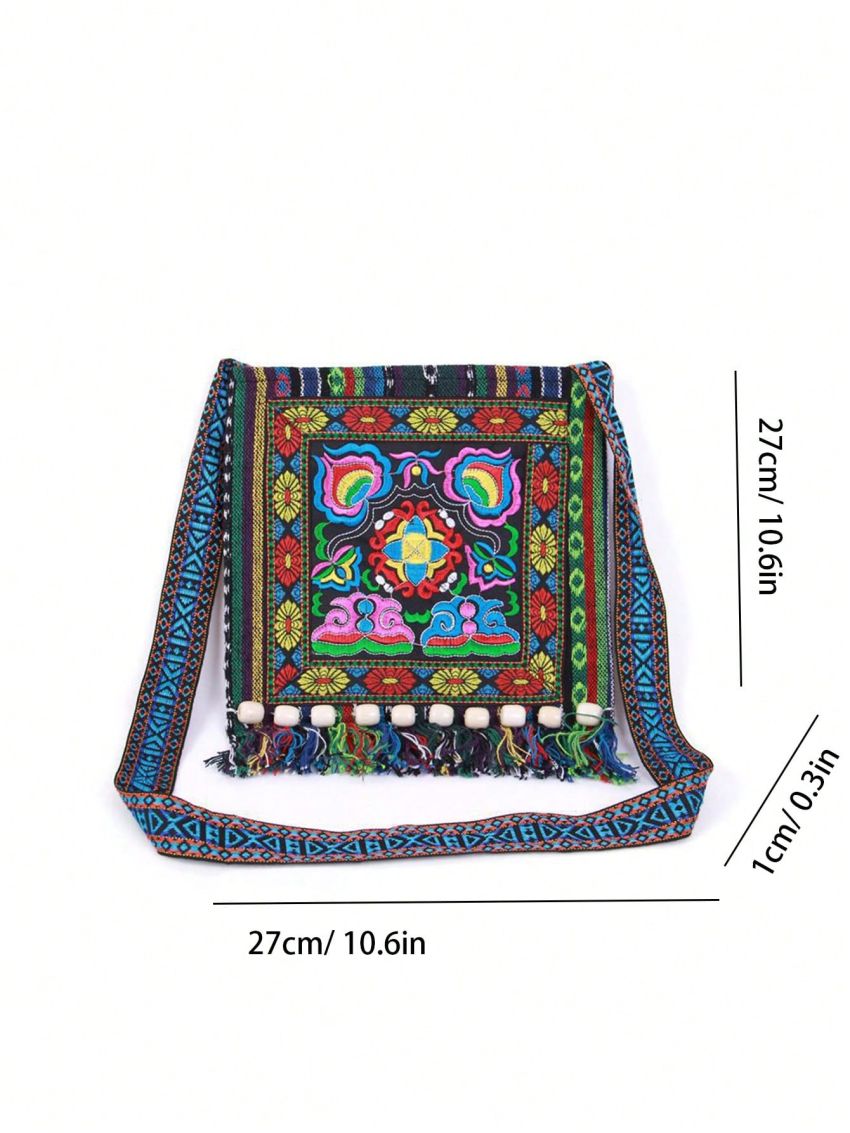 Flower Embroidery Square Bag Colorblock Tassel Decor