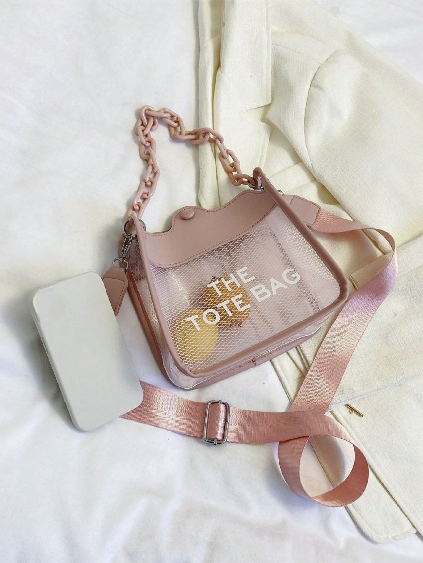 Mini Square Bag Letter Print Chain Decor Clear Design