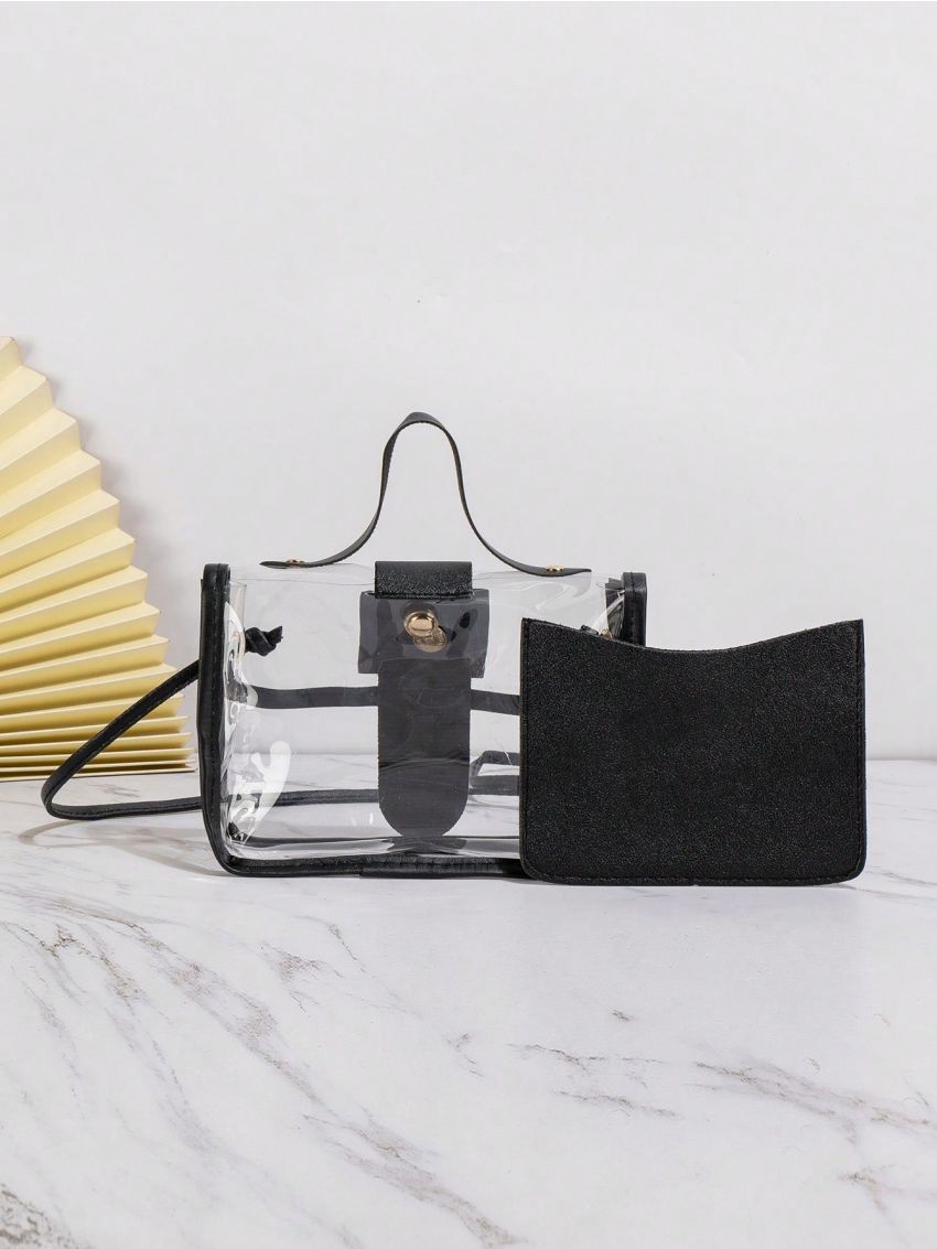 Clear Square Bag Flap Top Handle With Black Inner Pouch