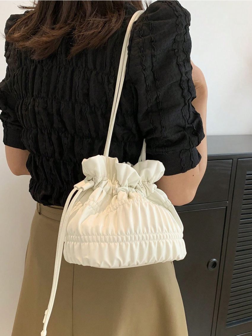 White Bucket Bag Ruched Detail Drawstring For Daily