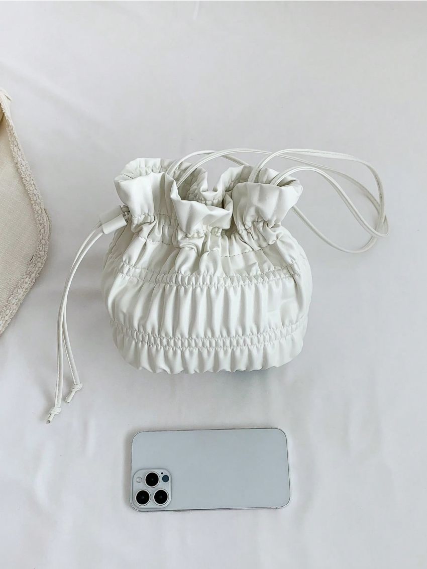White Bucket Bag Ruched Detail Drawstring For Daily