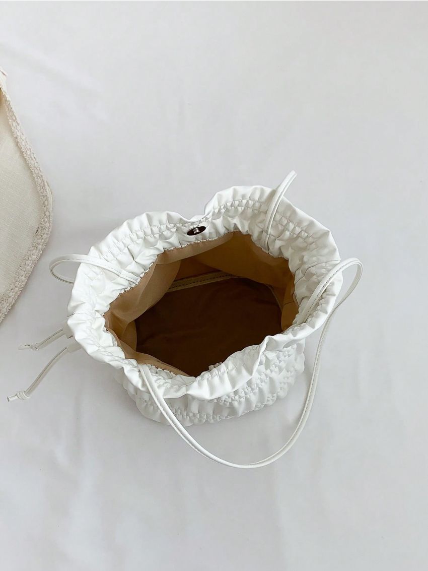 White Bucket Bag Ruched Detail Drawstring For Daily