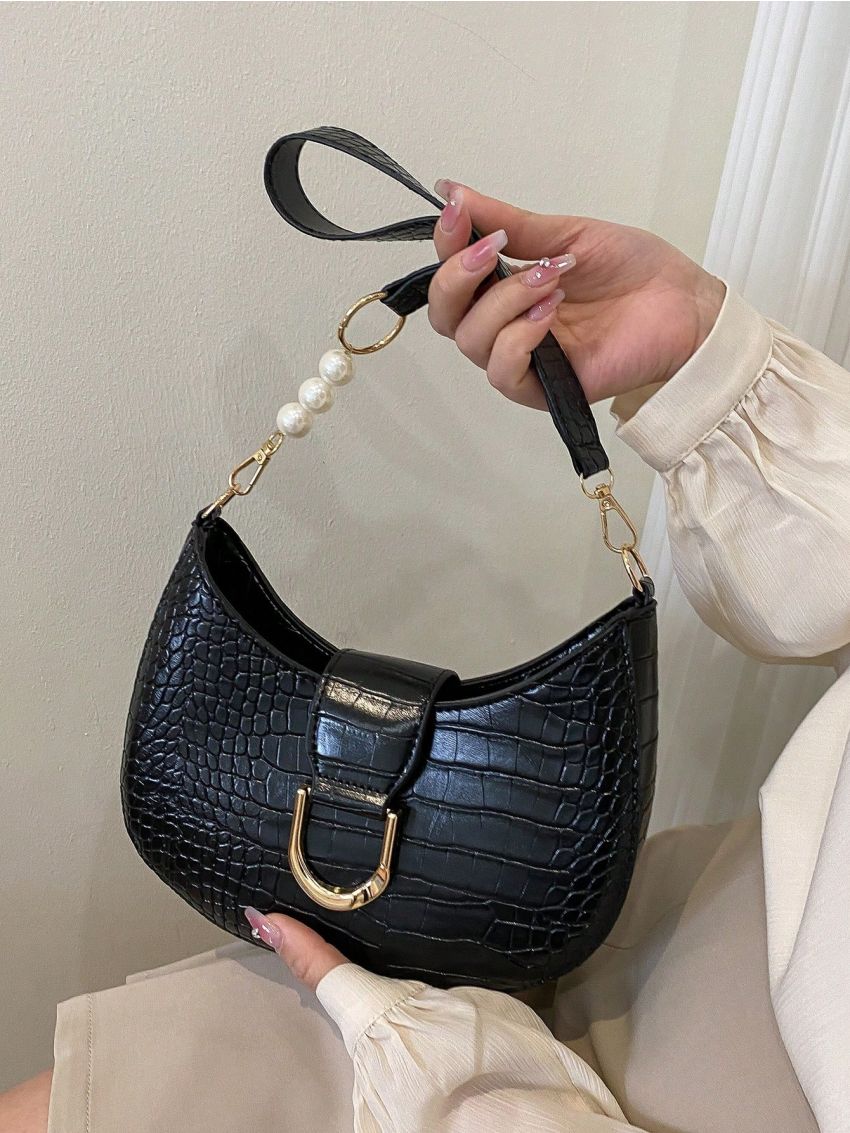 Small Hobo Bag Crocodile Embossed Metal & Pearl Decor