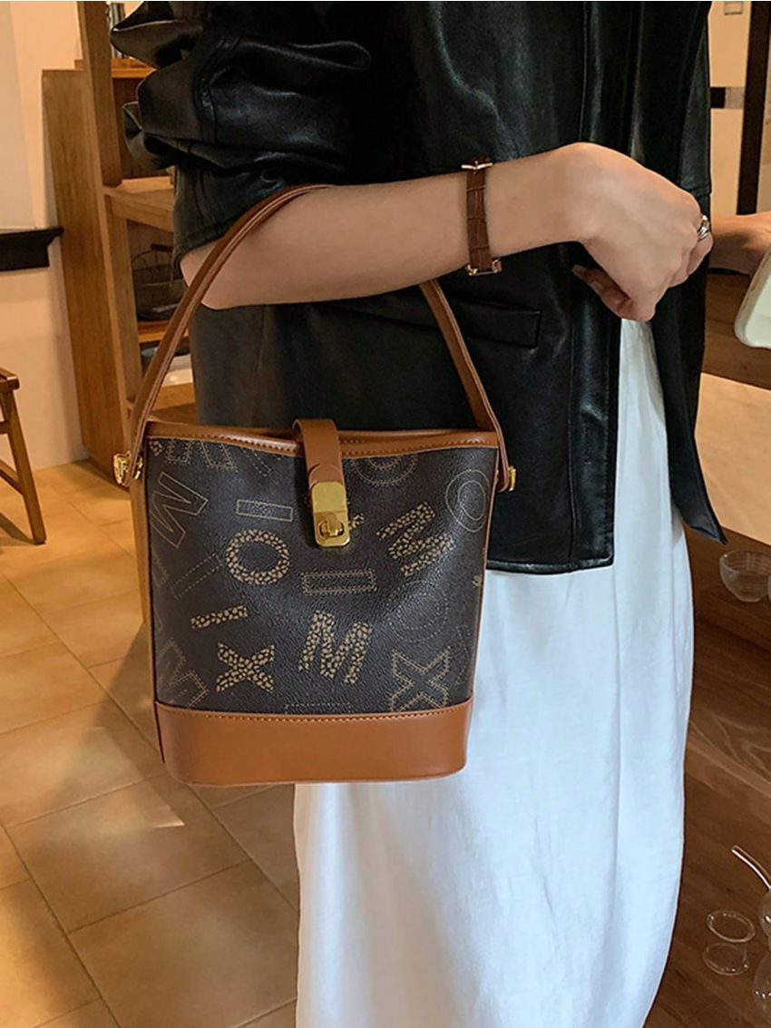 Small Bucket Bag Letter Graphic Contrast Binding Turn Lock