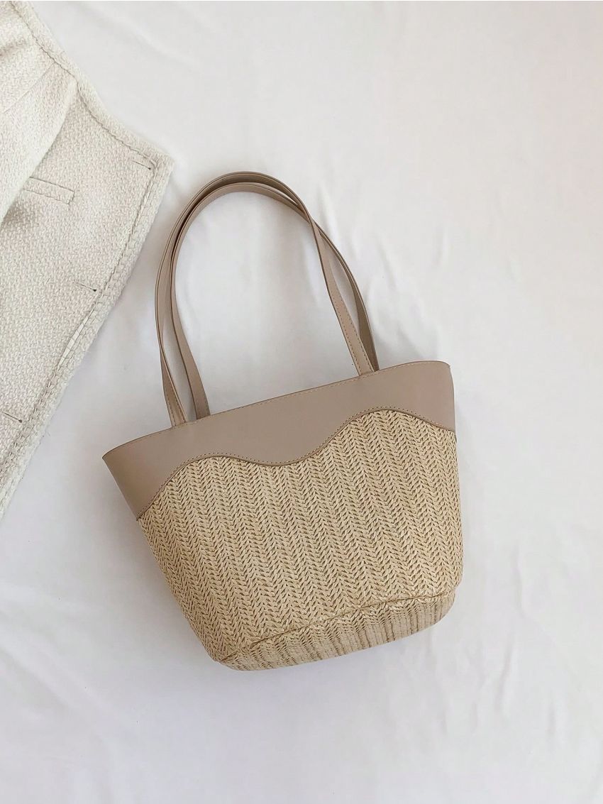 Two Tone Straw Bag For Vacation Double Handle