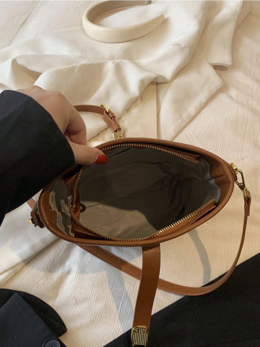 Small Bucket Bag Letter Graphic Contrast Binding Turn Lock