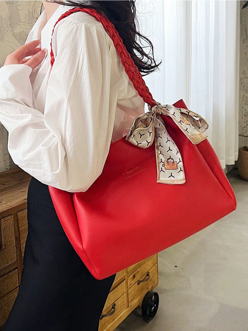 Medium Shoulder Tote Bag Letter Patch & Twilly Scarf Decor