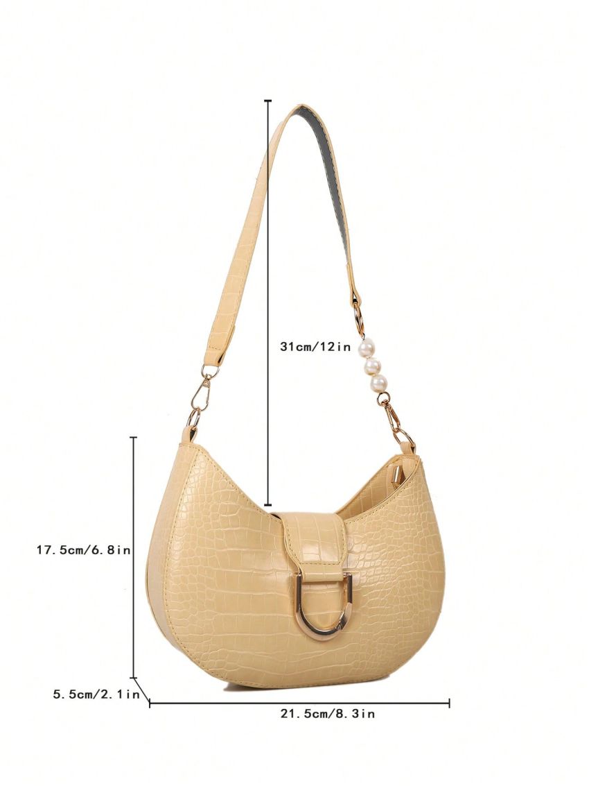 Small Hobo Bag Crocodile Embossed Metal & Pearl Decor