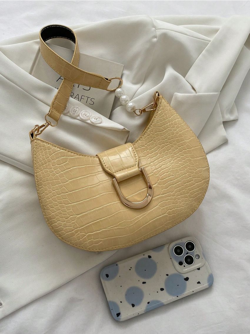 Small Hobo Bag Crocodile Embossed Metal & Pearl Decor