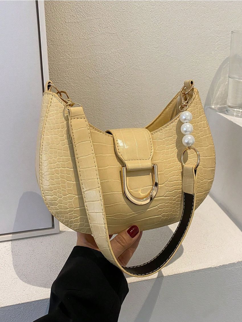 Small Hobo Bag Crocodile Embossed Metal & Pearl Decor