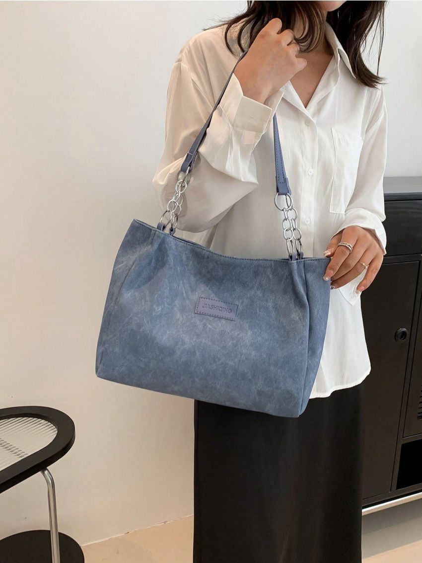 Small Shoulder Tote Bag Letter Patch Decor