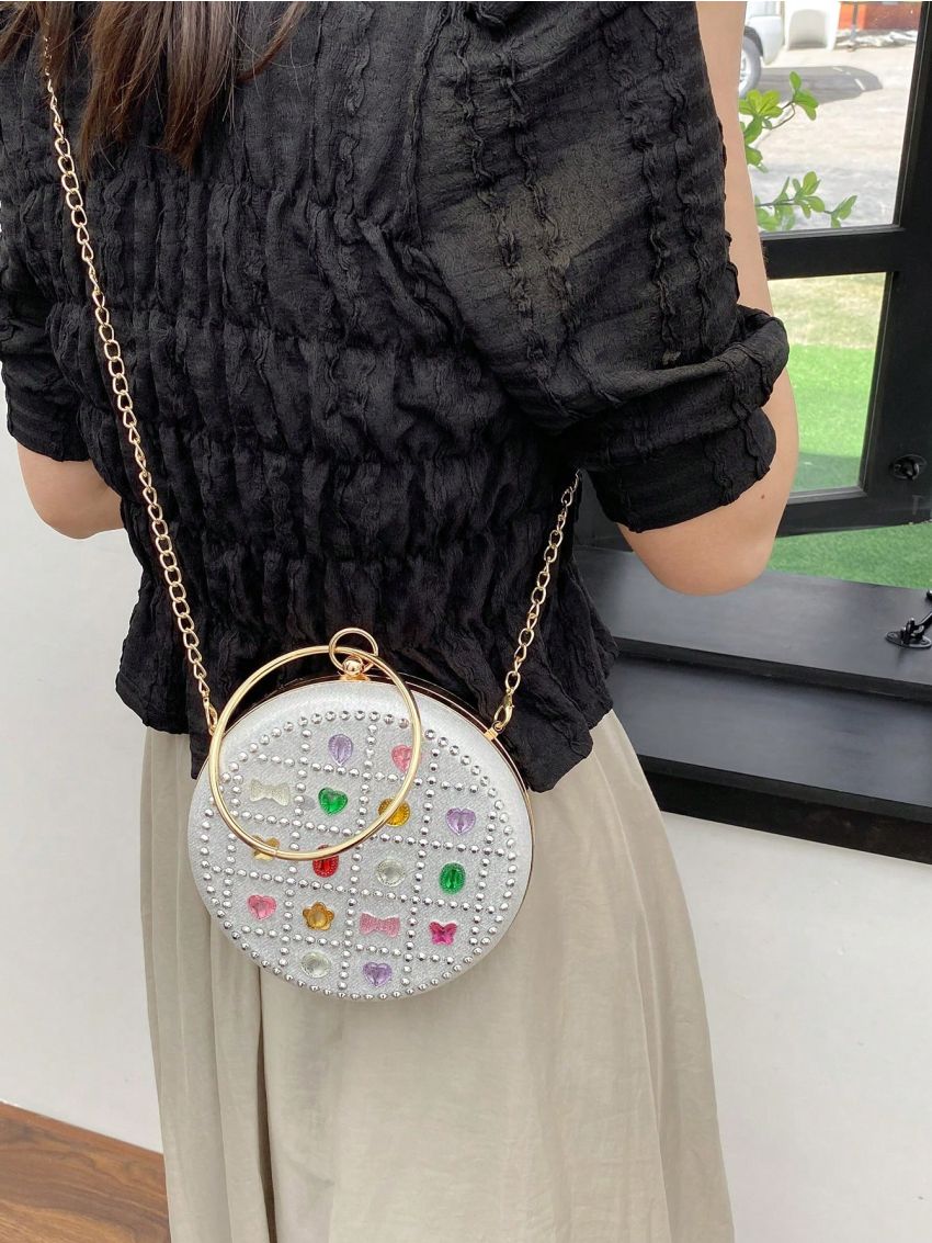 Mini Circle Bag Studded & Rhinestone Decor For Daily