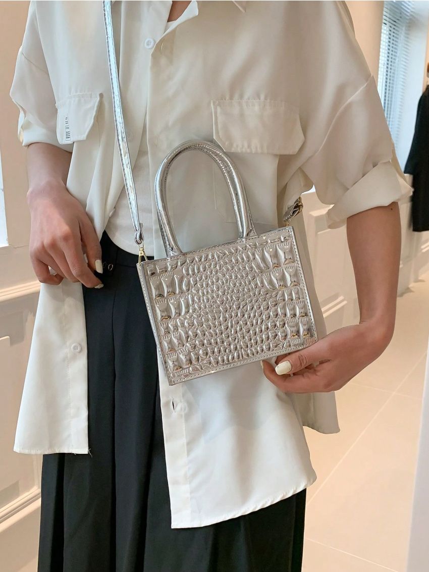 Mini Square Bag Crocodile Embossed Silver Funky
